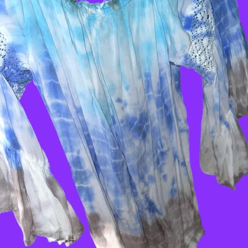 Surf Gypsy Blue and White Off-Shoulder Blouse Bell Sleeves - Image 5