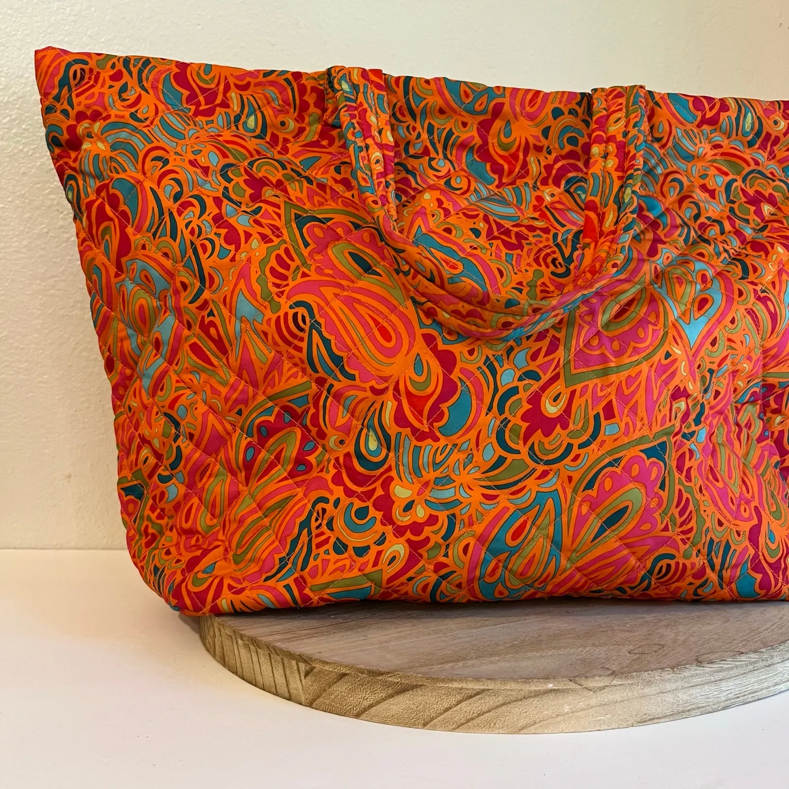 Orange Multi Colored Quilted Floral Printed Nylon Double Handle Zipper Tote Bag - Image 15