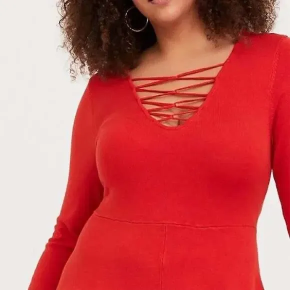 Torrid‎ Red Long Sleeve Sweater Dress Size 4X Lattice Top Skater Fit &Flare NWT - Image 2
