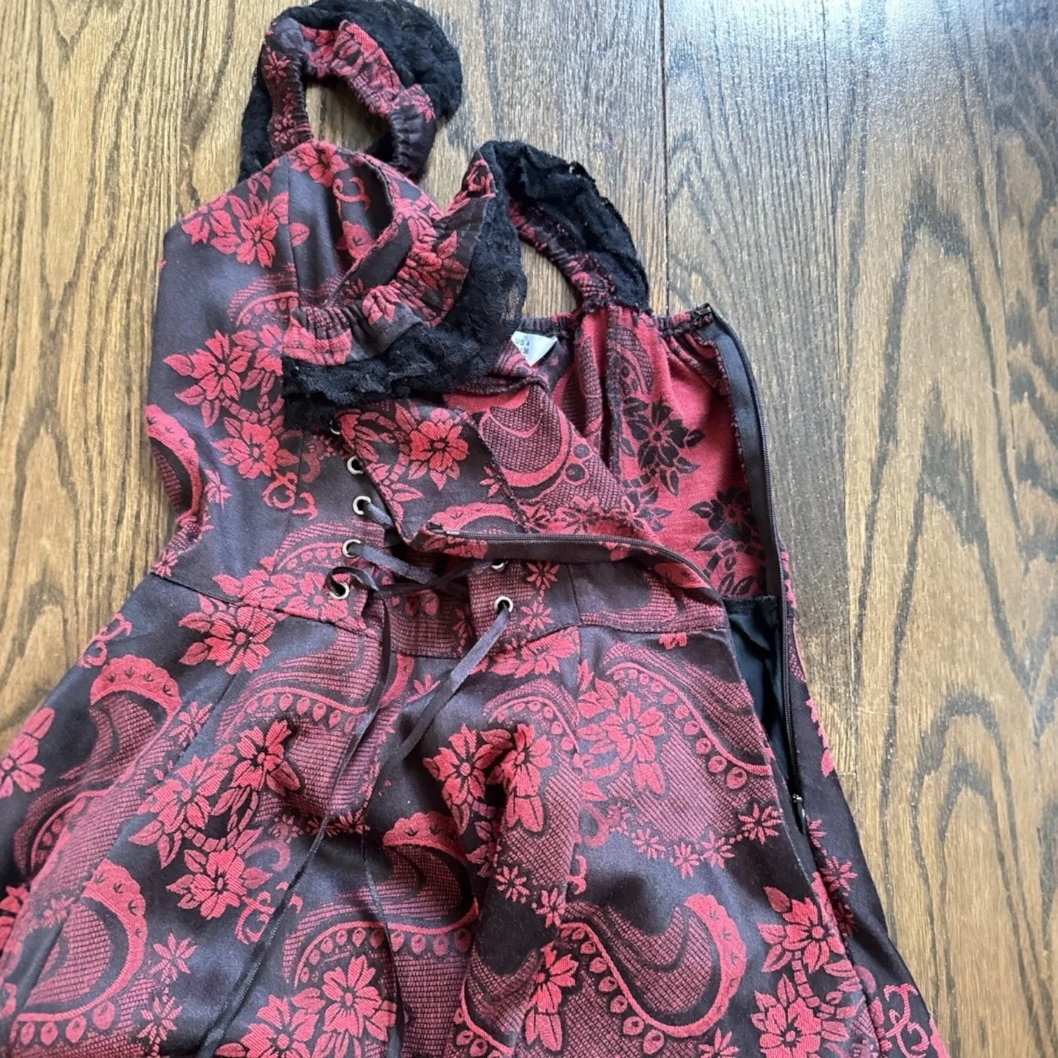 Orchid Bloom Red Blck Paisley Floral Lace Trim Corset Fit and Flare Dress Size 4 - Image 15
