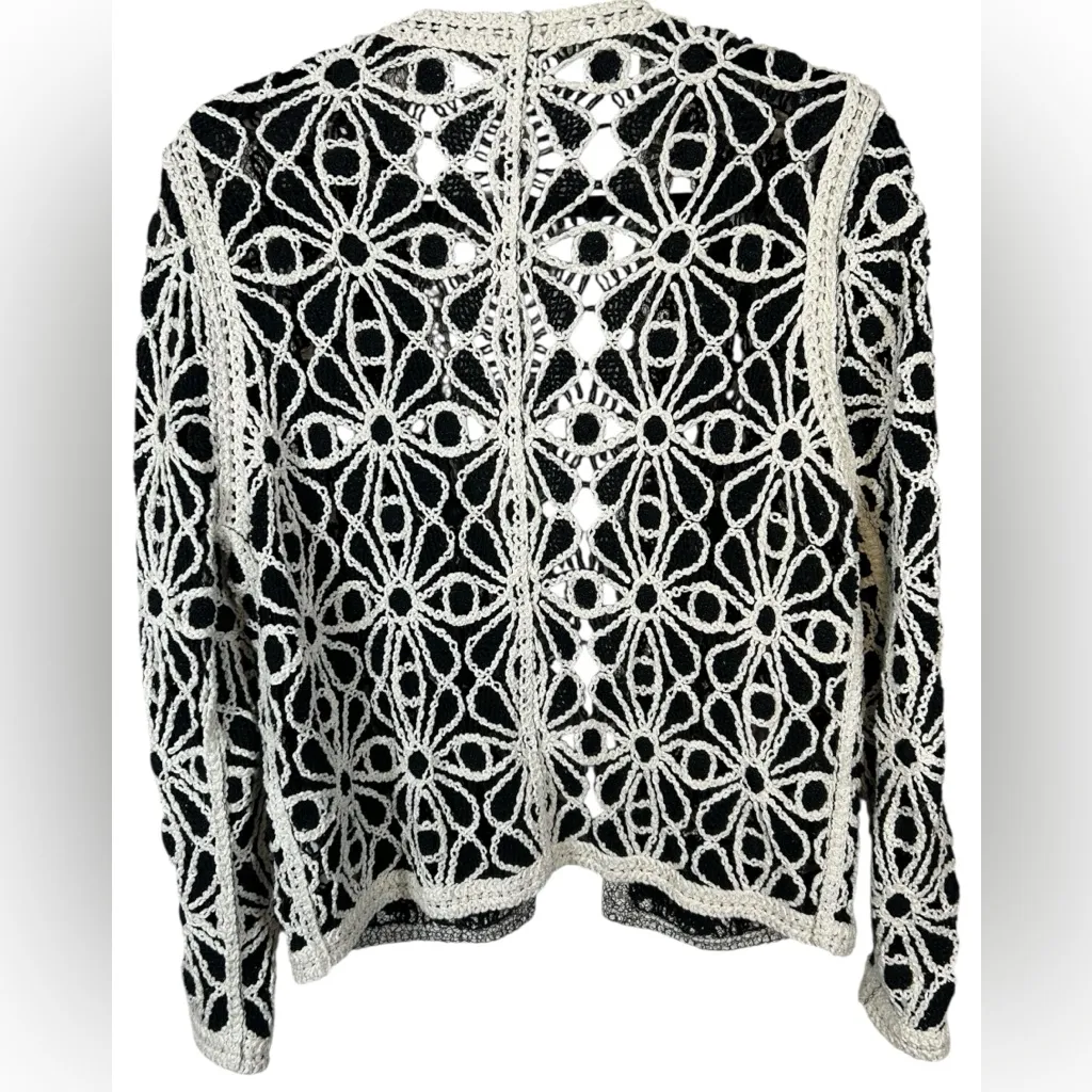 Solitaire Women’s Embroidered Chrochet Black Cream Floral Cardigan Boho‎ Sweater - Image 4