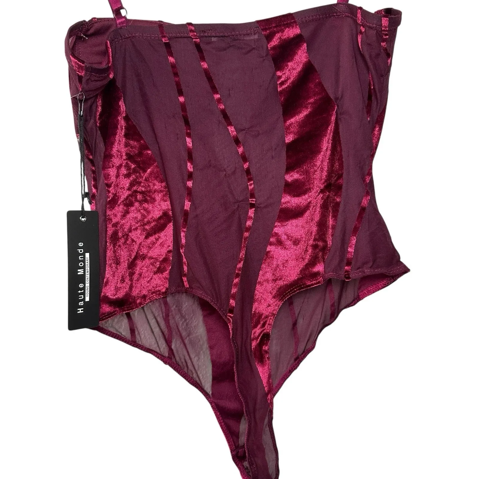 Haute Monde Burgundy Velvet Mesh Bodysuit Size S Whimsygoth Y2K Night Luxe - Image 5