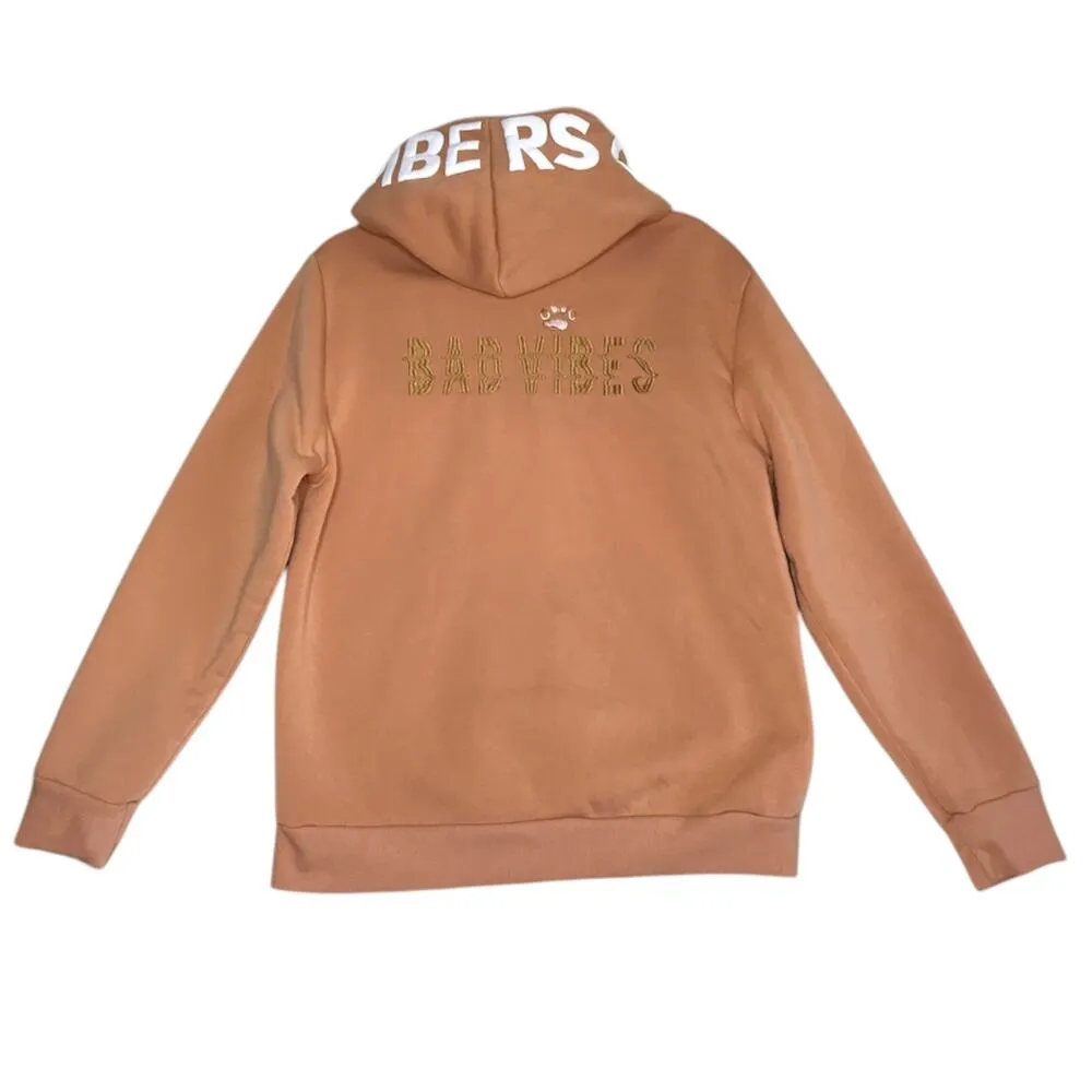 MEMBERS ONLY Bad Vibes Patchwork Hoodie Sz S Camel Unisex Outdoor Funny Camping - Image 5