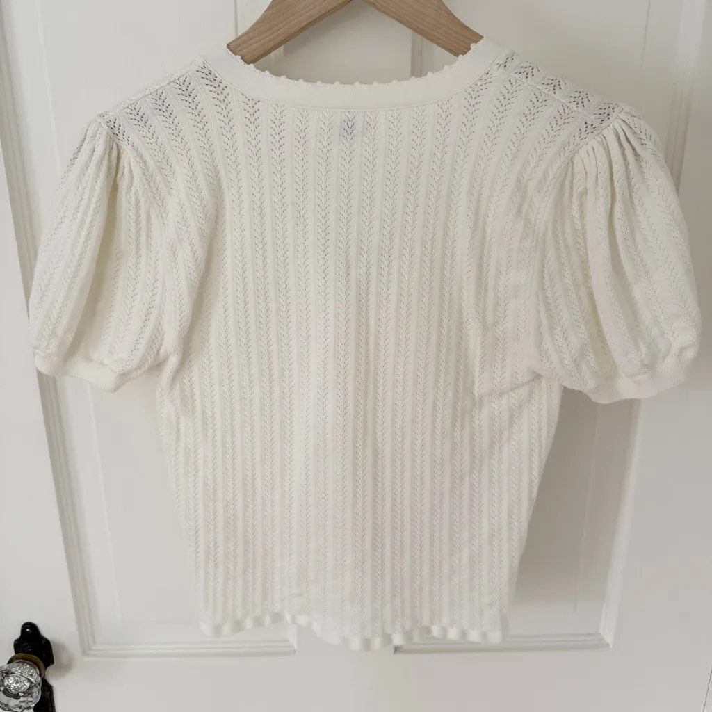 Aritzia Wilfred Estilo Pointelle Short Sleeve V-Neck Cardigan Top Light Birch S - Image 4