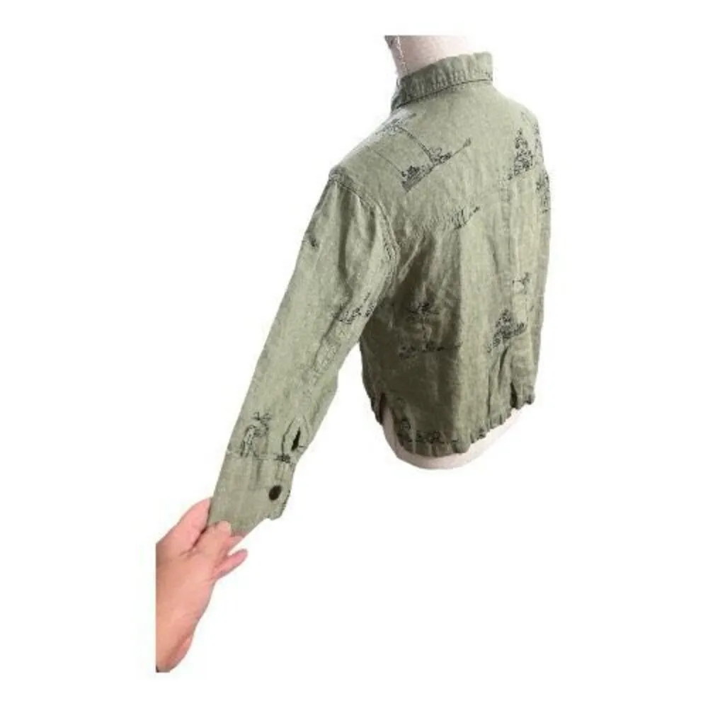 Chico's Sage Green Linen Monkey Print Button-Up Shirt Size 0 (4) Slit 3/4-Sleeve - Image 7