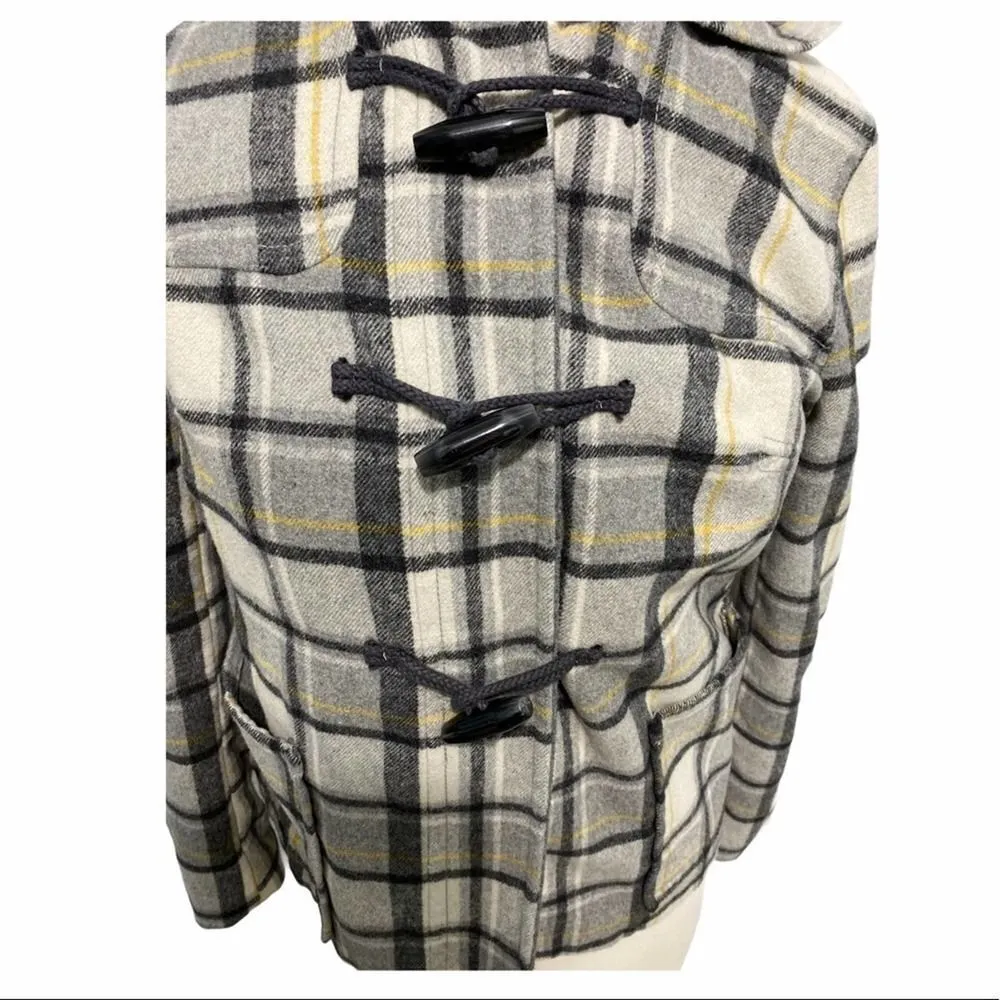 Old Navy  Plaid Wool Winter Jacket With Hood Toggle Jacket Gray Yellow‎ Small - Image 4