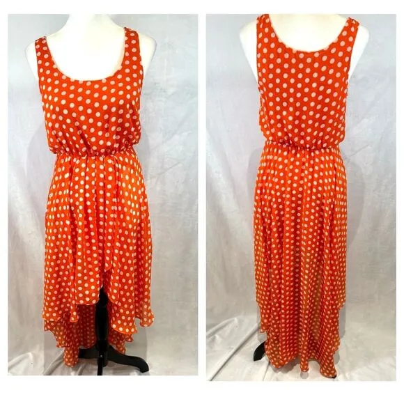 orange and white polka dot faux wrap high low dress size medium - Image 2
