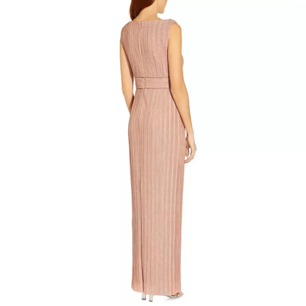 Adrianna Papell Metallic Pleated Long Gown in Rose, Size 8 NEW w/Tag $229 - Image 5