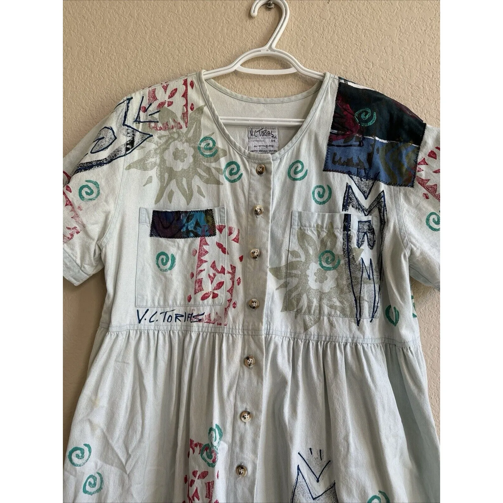 Vtg 1990's VC TORIAS Hand Painted Floral Art To Wear Denim Maxi Dress OS Teacher Size undefined - Image 8