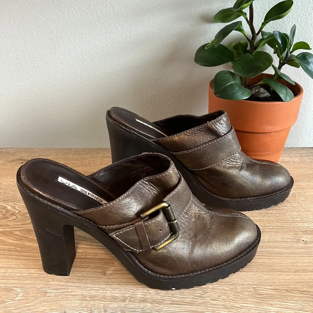 Vintage 90s Y2K Via Spiga Chunky Gray Metallic Leather Slip On Mules, 9 - Image 4