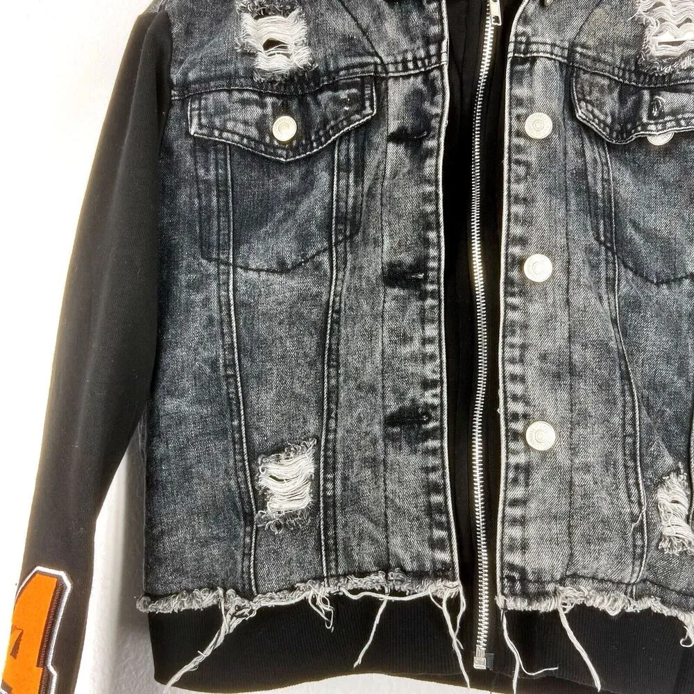 Thrill Jeans Black Wash Denim Hoodie Jacket Sz M Distressed Destroyed Shacket Size M - Image 3