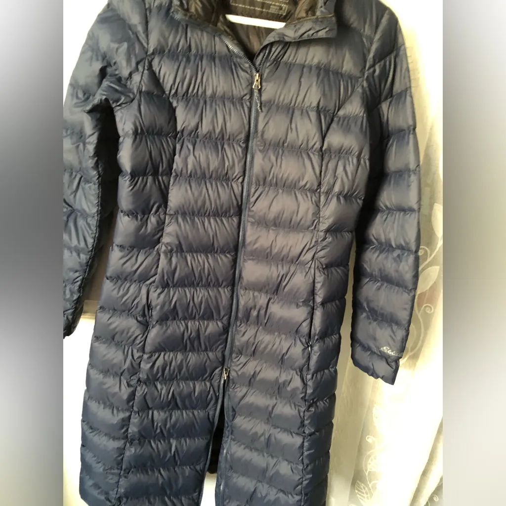 Eddie Bauer Women down Puffer long jacket hoodie Coat sz S lightweight full zip - Image 7