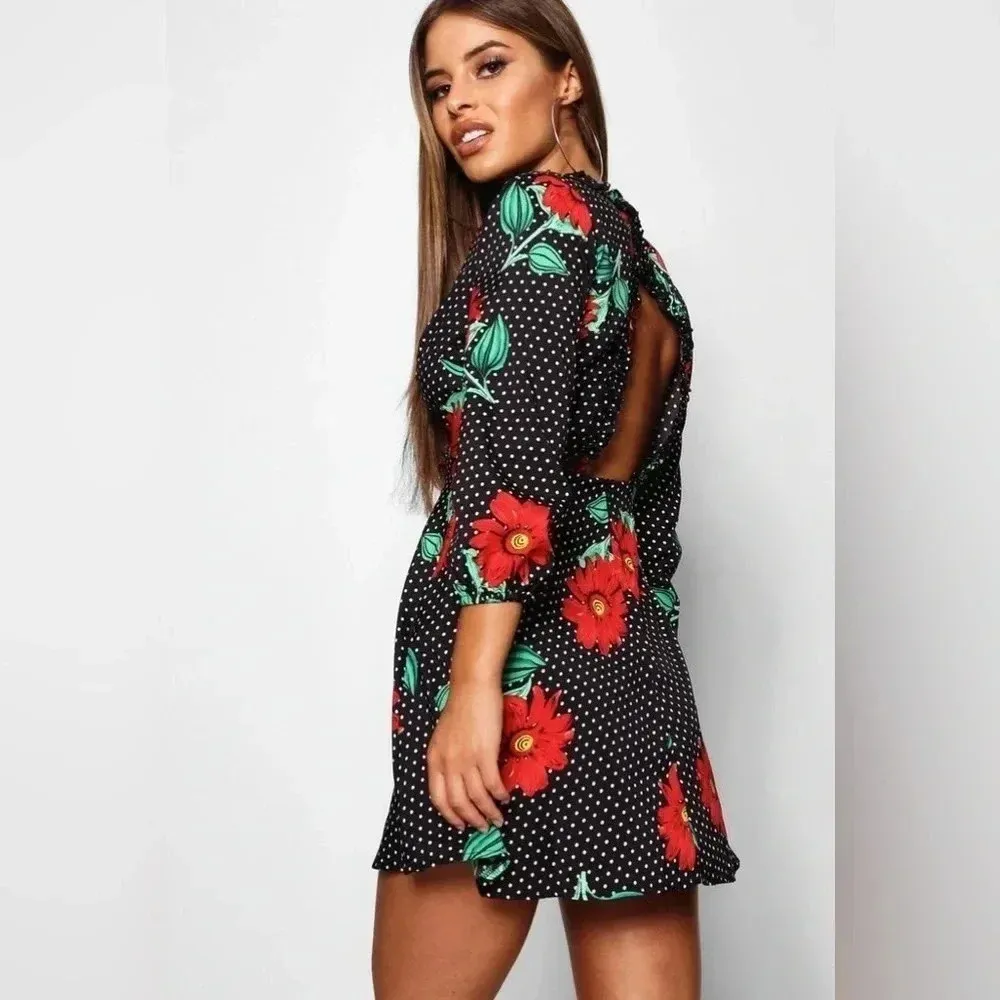 Boohoo Retro Pinup Rockabilly Polka Dot & Floral Ruffle Hem Dress Size 2 XS - Image 5