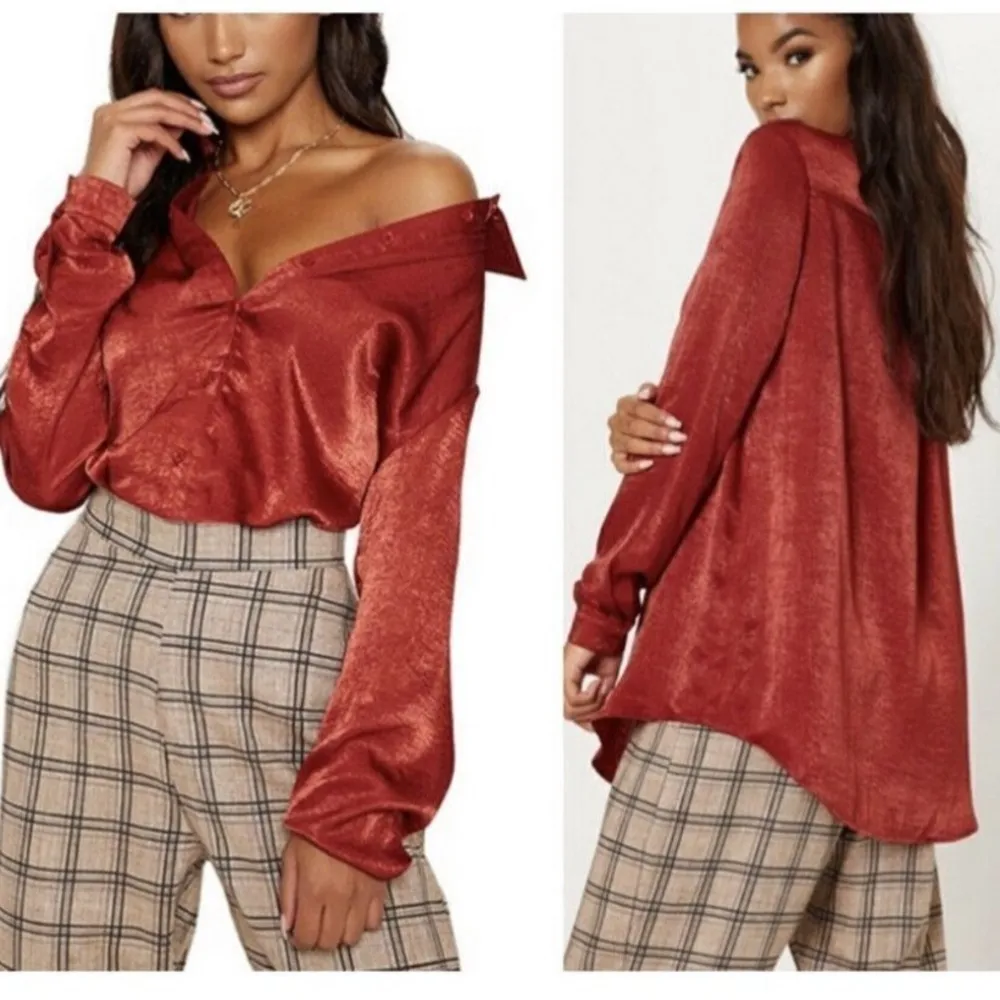 PrettyLittleThing Satin Bohemian blouse top XSMALL burnt orange long sleeve NWOT - Image 2