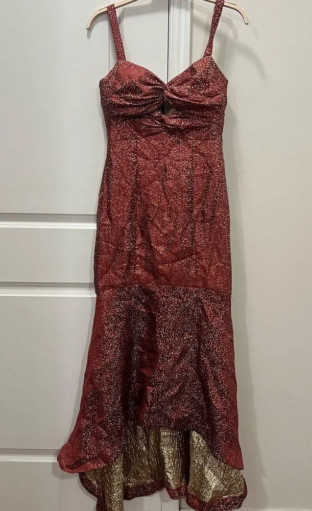 ML Monique Lhuillier Red Metallic High Low Gown Size 6 US $595 - Image 2