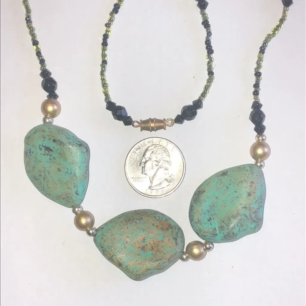 Vintage Turquoise Color and Black Glass Beaded Boho Necklace Green - Image 4
