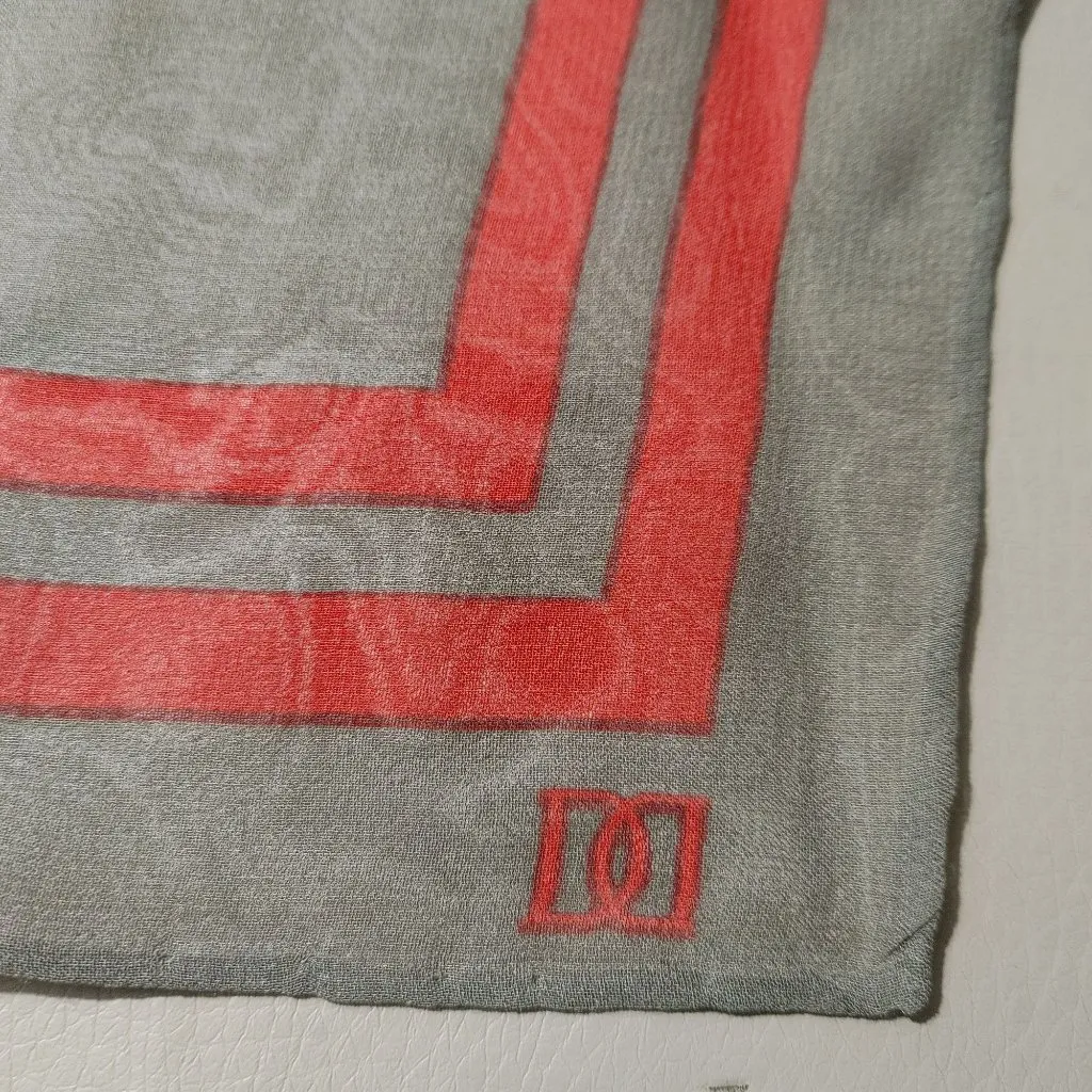 Daks London Sheer Square Scarf DD Olive Green Brown Geometric Vintage Rolled Hem Red - Image 4