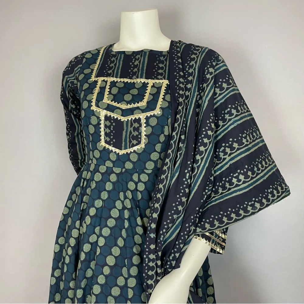 Idaho Clothing Indian Dress Maxi Scarf Set Dots Stripe Medium Cut Out Green Gold - Image 13