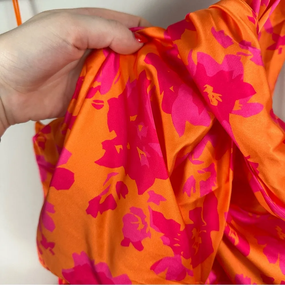 | Bright Pink and Orange Floral One Shoulder Satin Dress Medium - Image 4