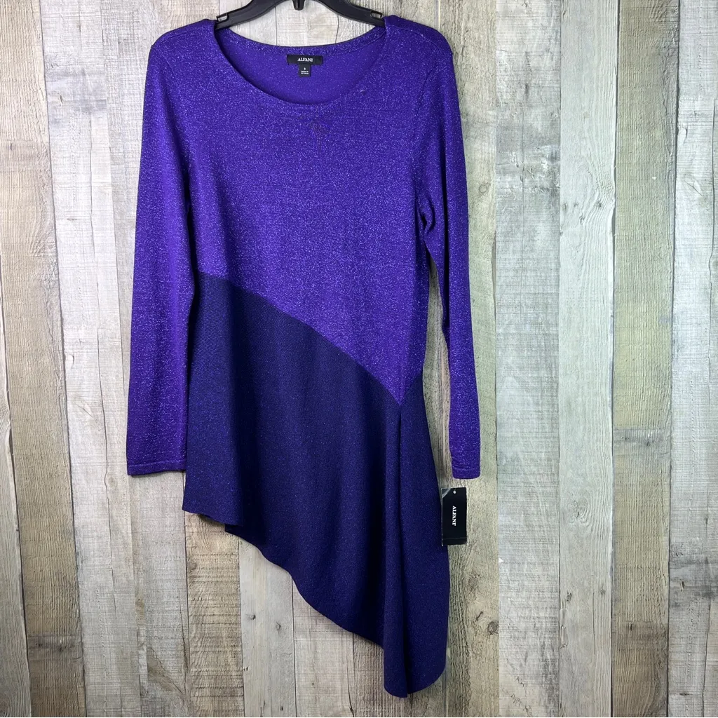 Alfani Size Small Metallic Purple Asymmetrical Pullover Crewneck Knit Sweater - Image 2