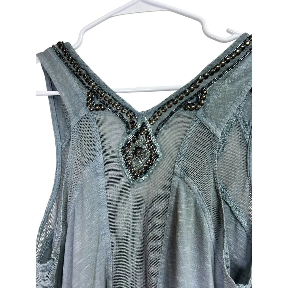 Free People Bluish Gray Beaded Mesh Tank Top Small - Image 10