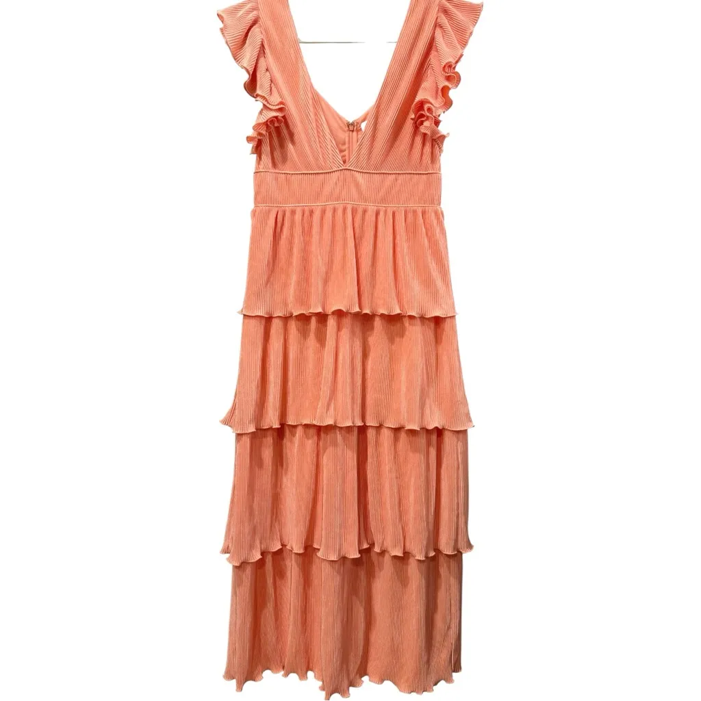 Rare Revolve Saylor‎ Grecia Tiered Pleated Low V Coral Maxi Dress Size Large - Image 3