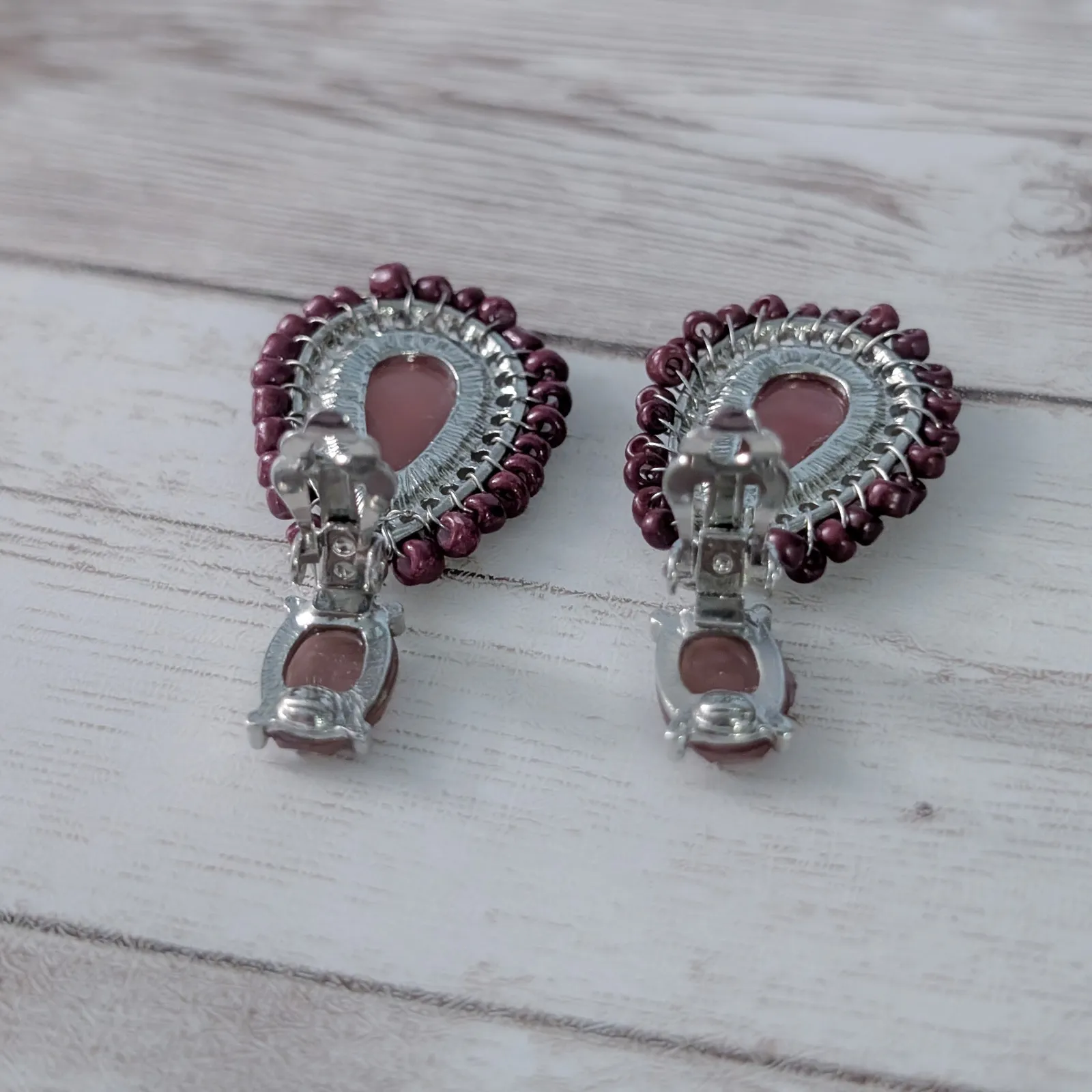 Vintage Clip On Earrings Dusky Muted Burgundy - Image 6