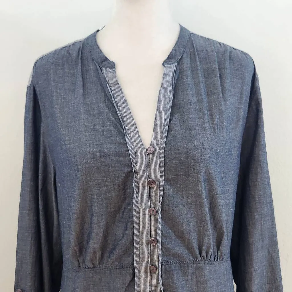 Coldwater Creek Blue Chambray Cotton Half Button-Up Blouse Size Petite Large - Image 2