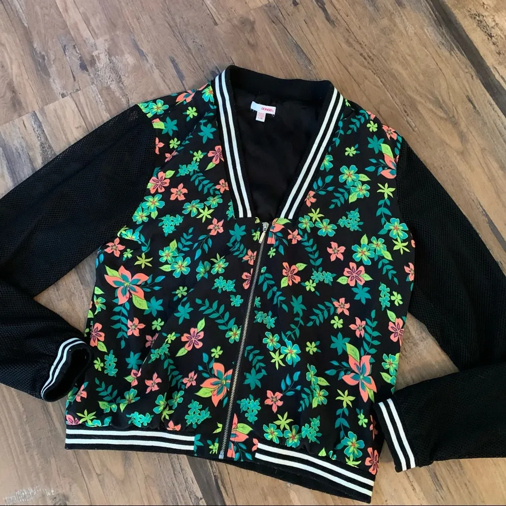 Bongo  Mesh Sleeve VARSITY Jacket Juniors Size L Large Zip Cardigan Floral - Image 7