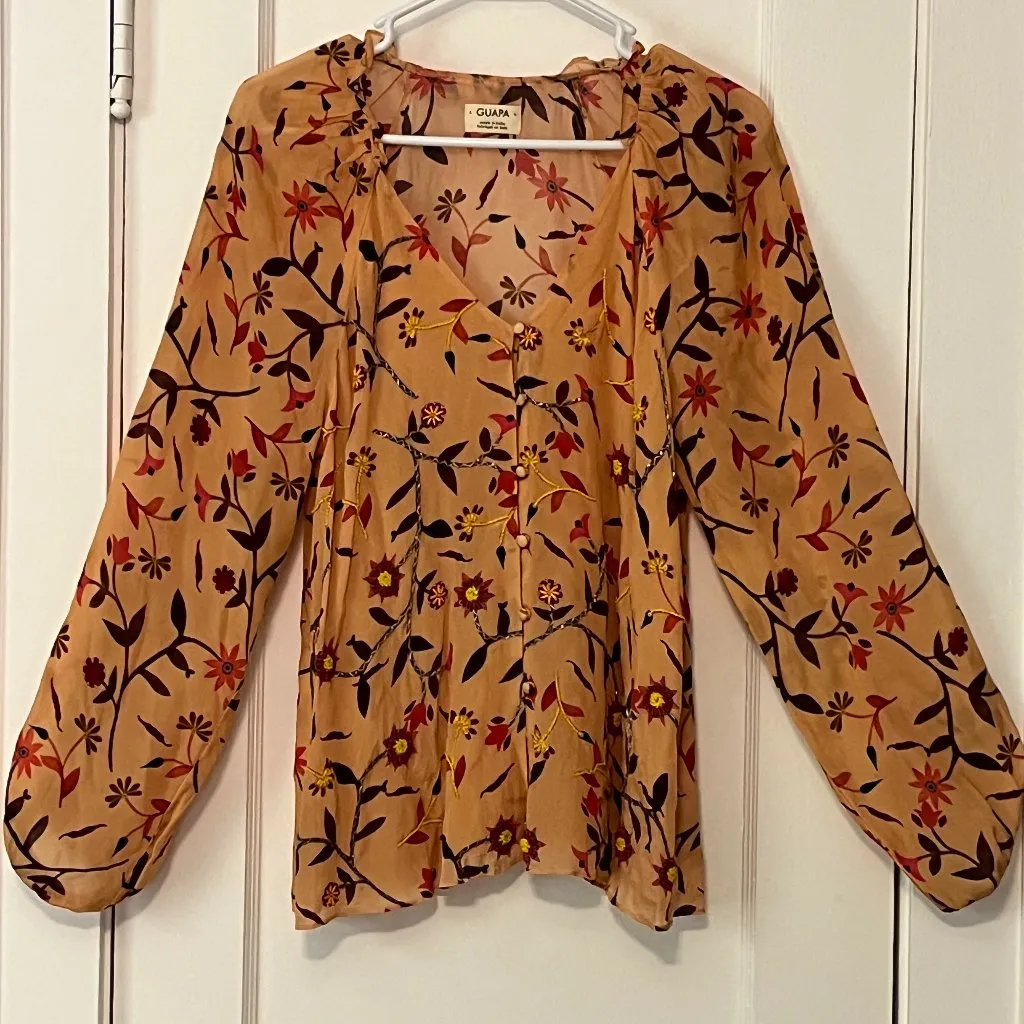 Guapa (anthropologie) beatrice button down floral beaded tunic blouse sz XS boho - Image 2