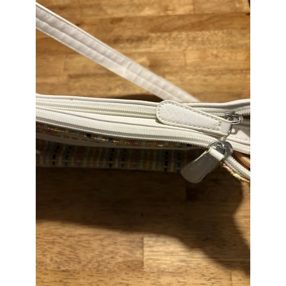 STONE & CO. Shoulder Bag White Faux Leather Multicolor Woven Straw Purse Boho - Image 11
