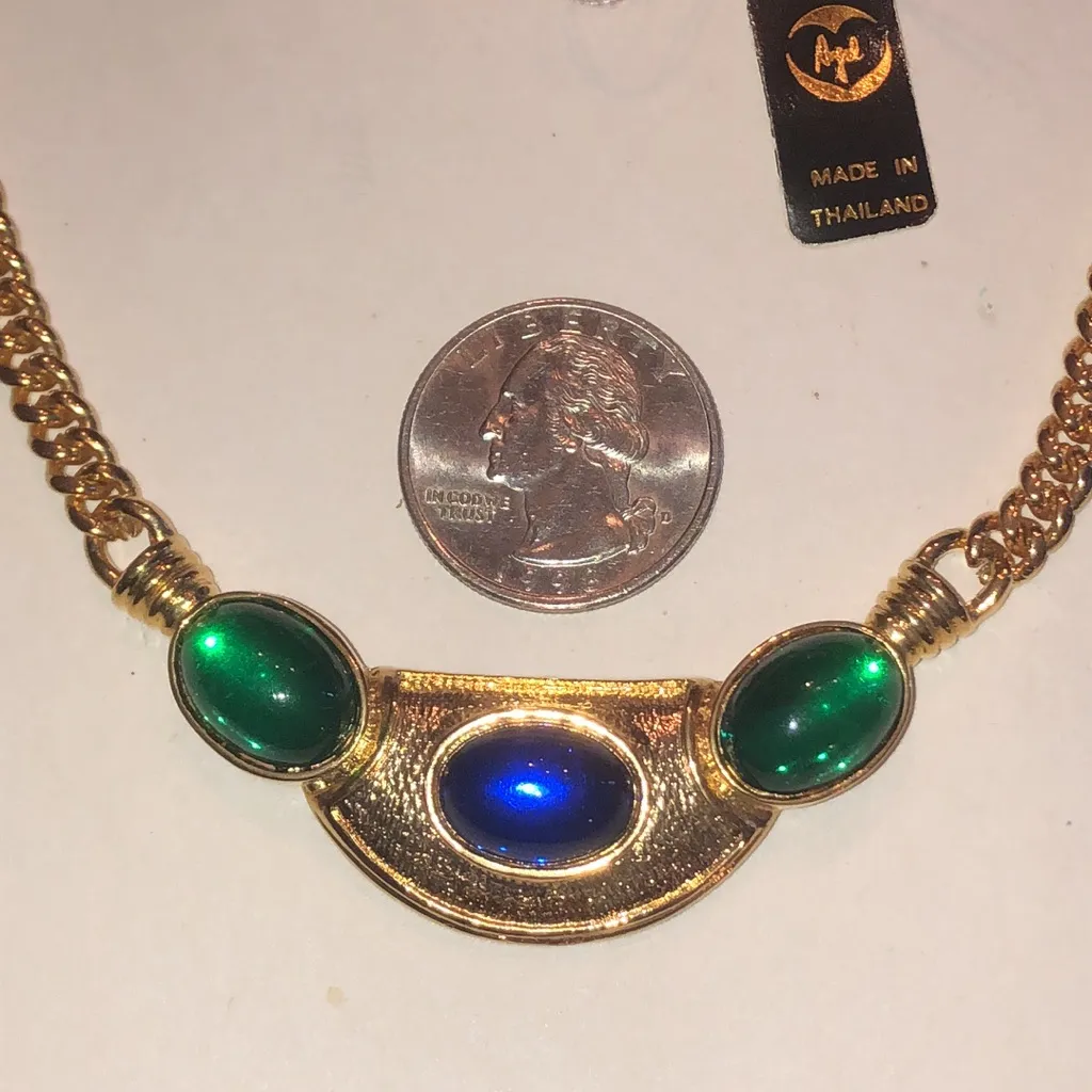 Angel Brand Vintage Gold Tone Blue Green Cabochon Chunky Necklace - Image 5