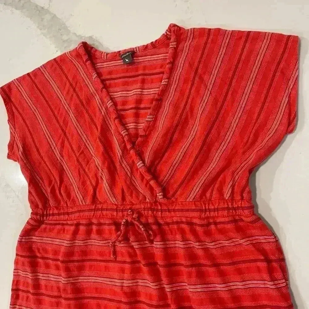 Eddie Bauer Red Stripe Short Sleeve V Neck Dress Womens XL Pockets Cotton Casual - Image 3