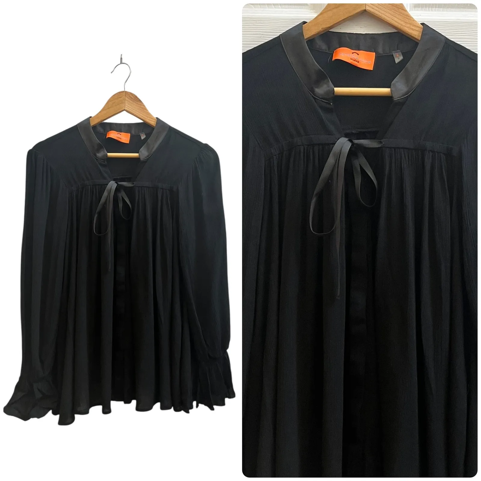Patrizia Luca Black Flowy Poet Sleeves Hidden Button Up Blouse Size Small - Image 2