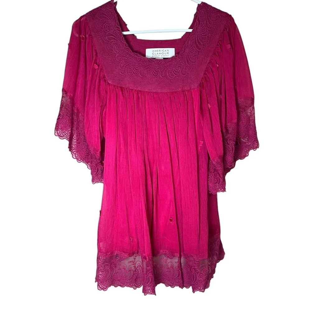 Badgley Mischka American Glam Boho Y2K Pink Tunic Top Sz S Bell Sleeve Lace Hem - Image 2