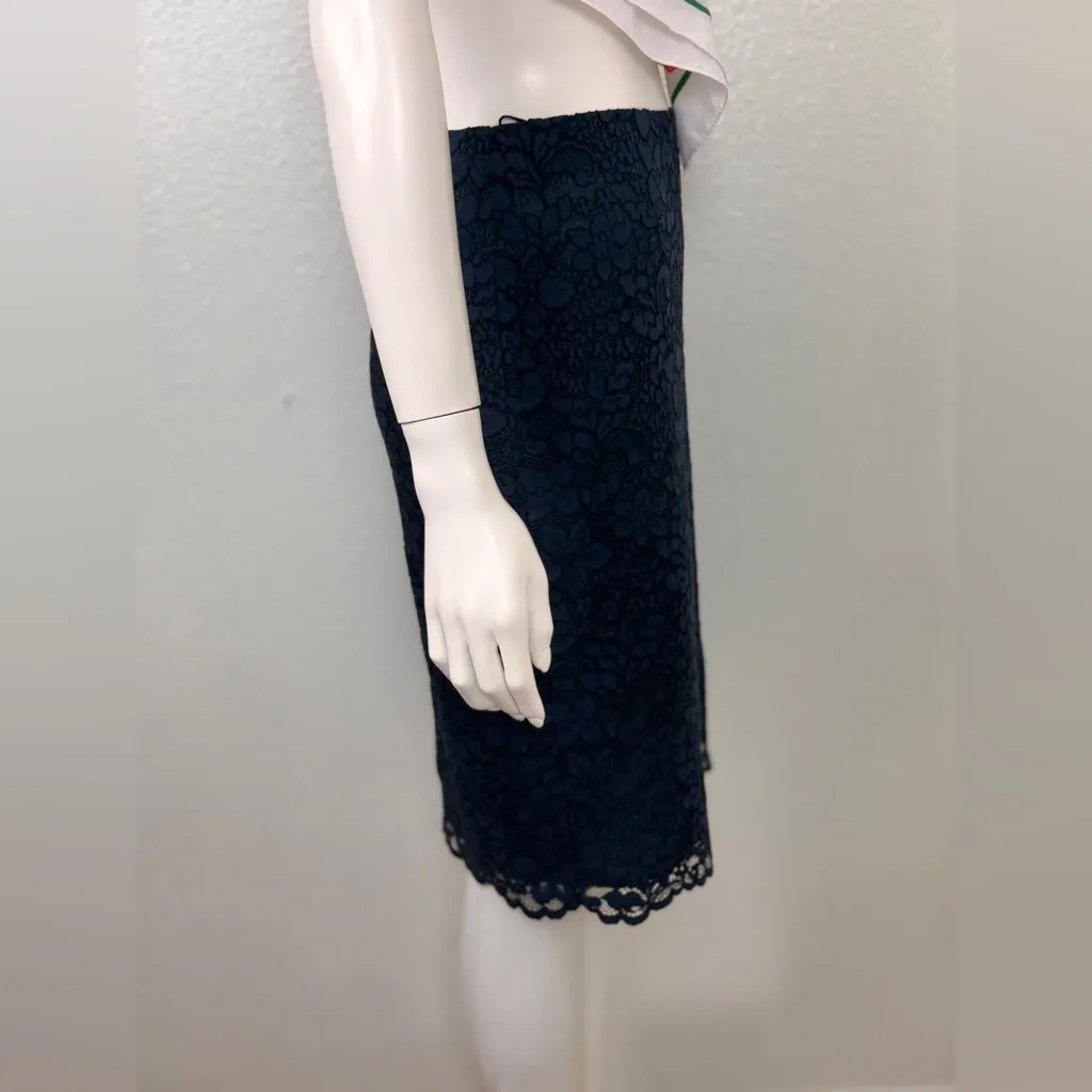 Tory Burch Size 2 Green Navy Lace Pencil Skirt Scalloped Embroidered Floral Slit - Image 5