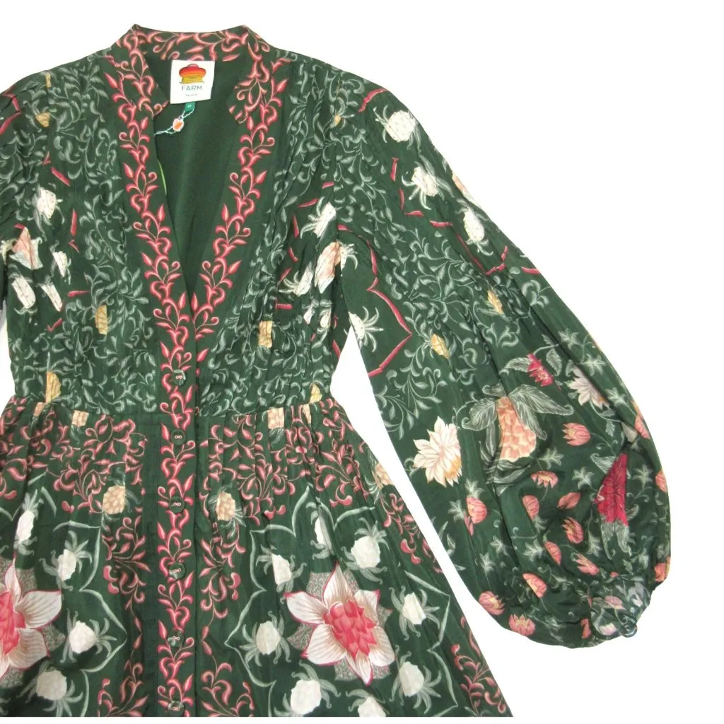 NWT Farm Rio Pineapple Garden in Green Long Puff Sleeve Mini Shirt Dress XS - Image 3