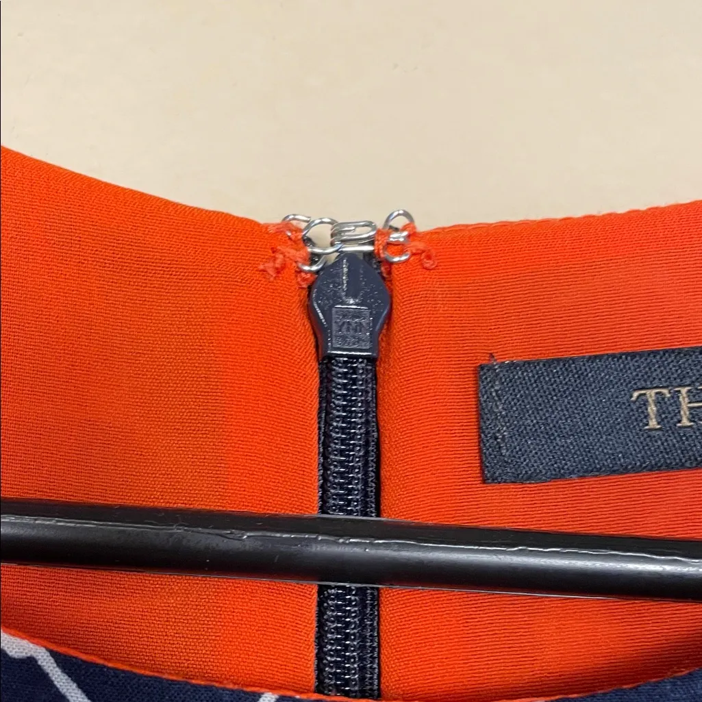 THML Women’s Patterned Navy Blue White Orange Sleeveless Chic Office Work Dress - Image 6