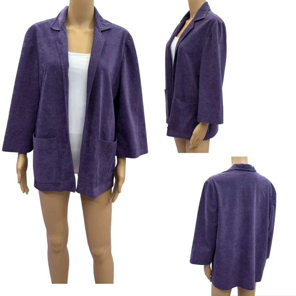 Vintage Alicia Purple Sueded 3 Quarter Sleeve Blazer with Pockets Womens Large - Image 2
