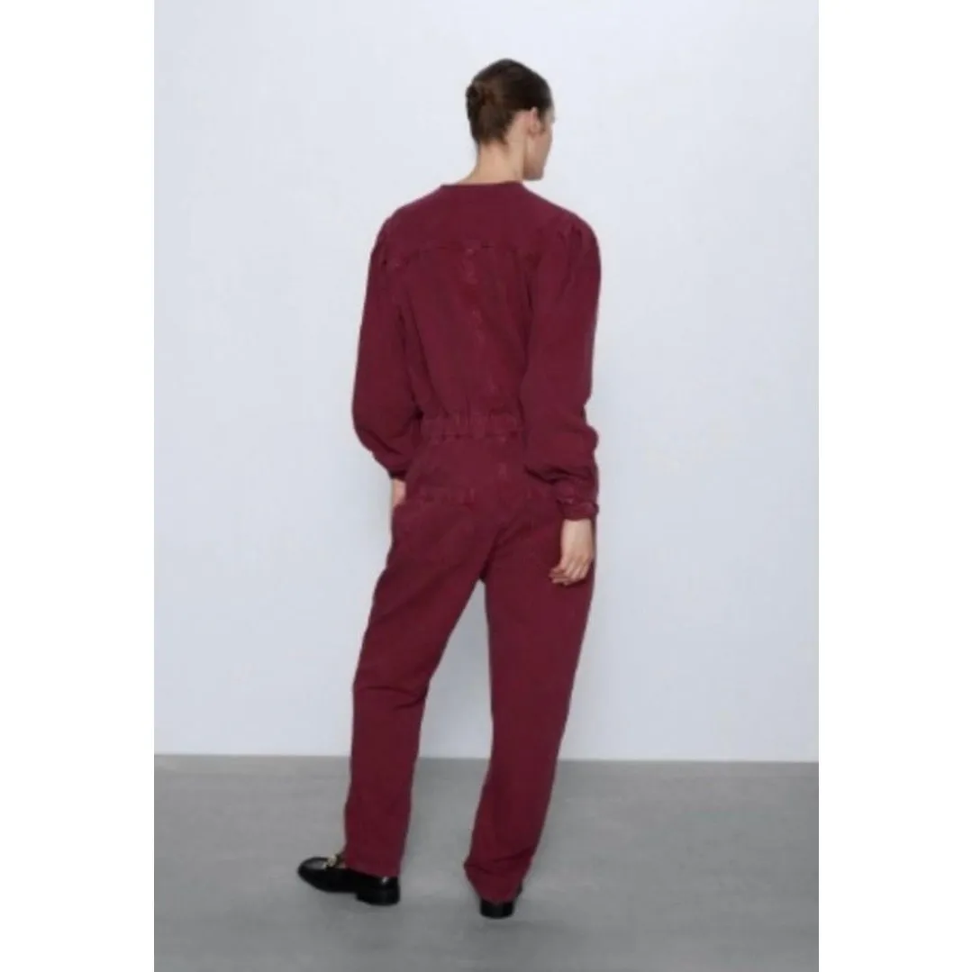 Zara The 80s Collection Devon Denim Wine Utility Jumpsuit size XS - Image 4
