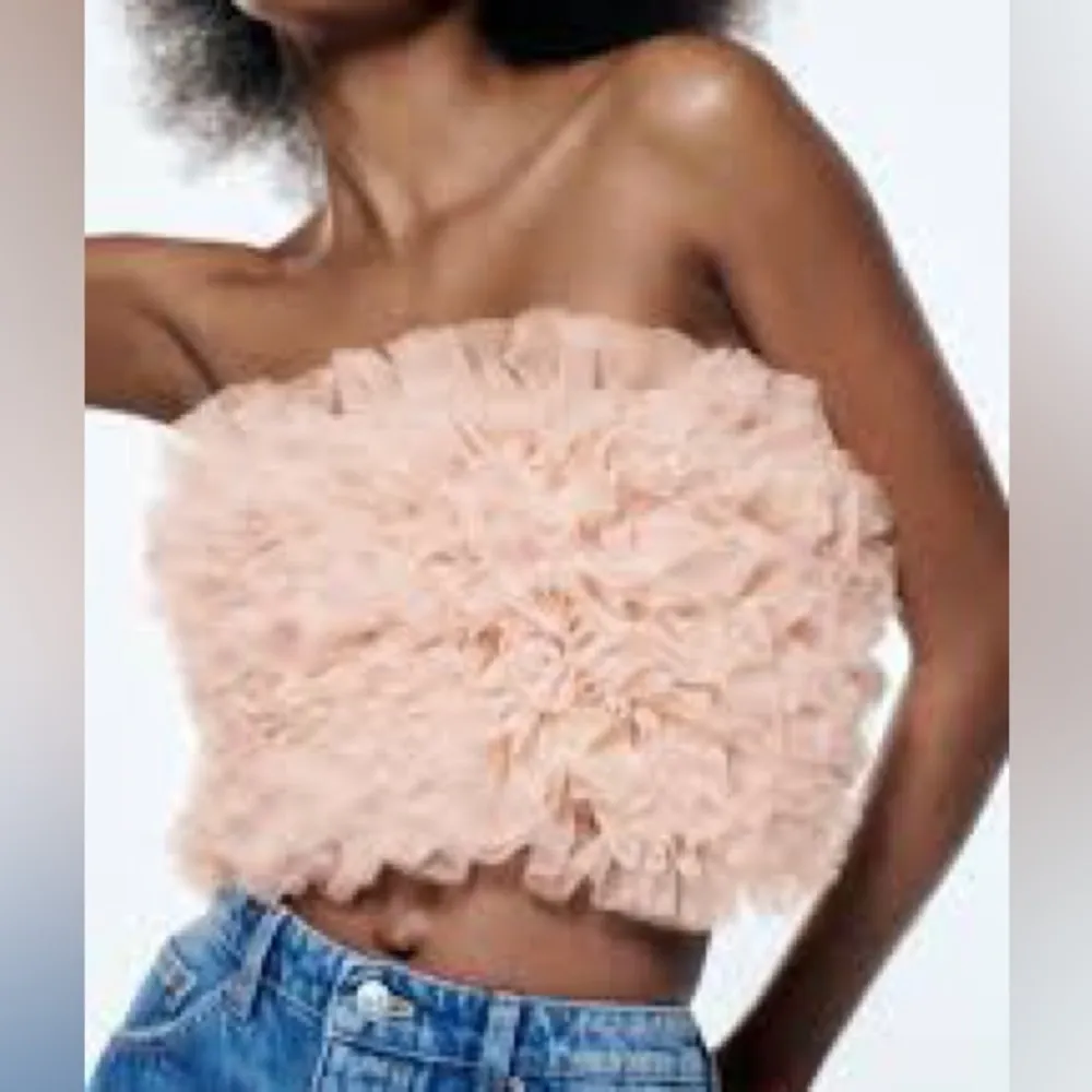 ZARA Pink Strapless Crop Tulle and Knit Tube Top Tulle Ruffles Size Small NEW - Image 2