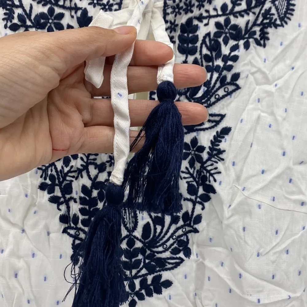 Solitaire blue white embroidered polka dot bohemian semi sheer lightweight top - Image 3