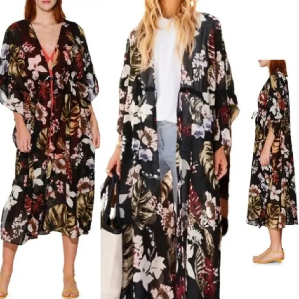 Walter Baker Tulum Drawstring Waist Caftan Black Floral Print Sheer One Size - Image 2