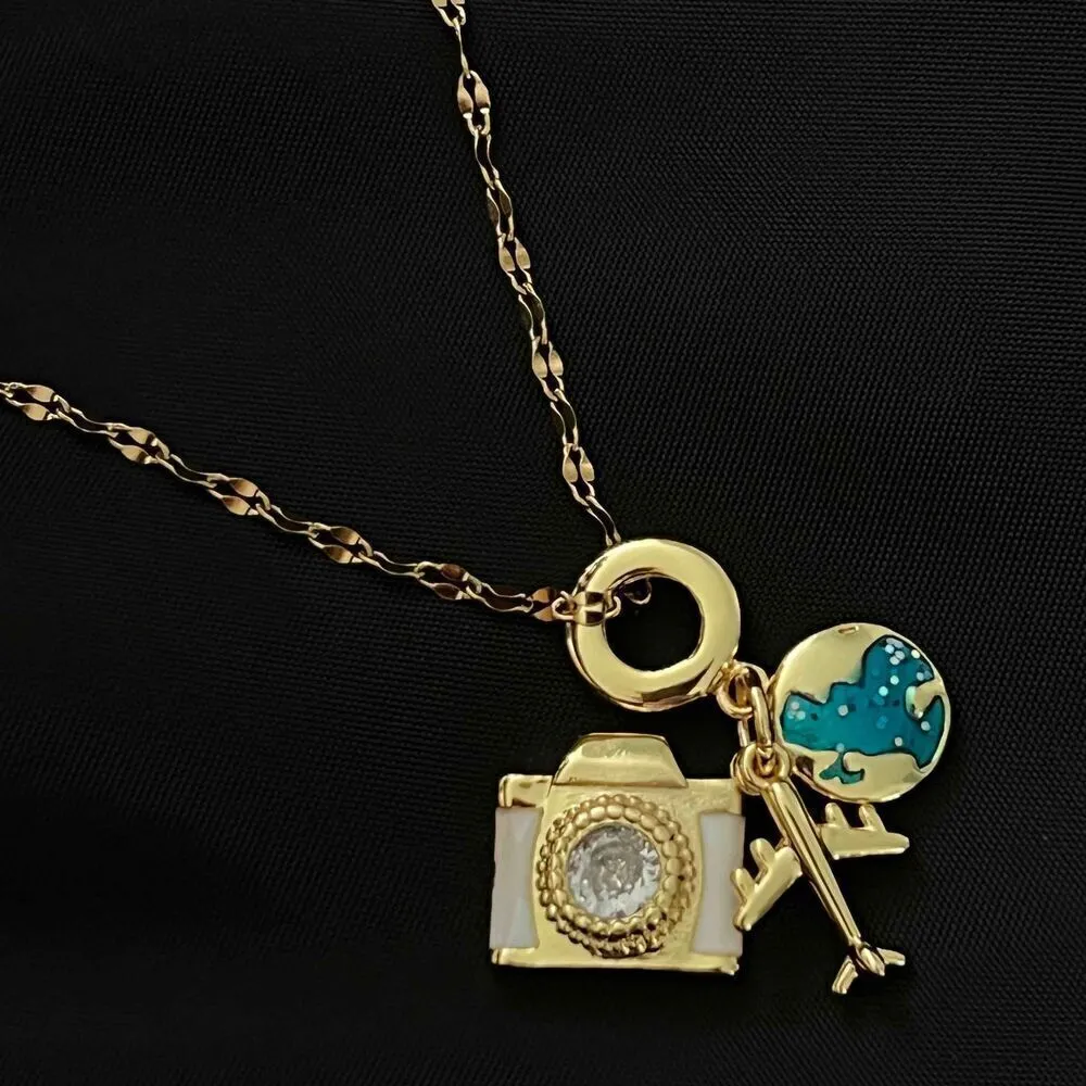 18K Gold Plated Stainless Steel Travel Charm Necklace womens jewelry GIFT Blue - Image 2