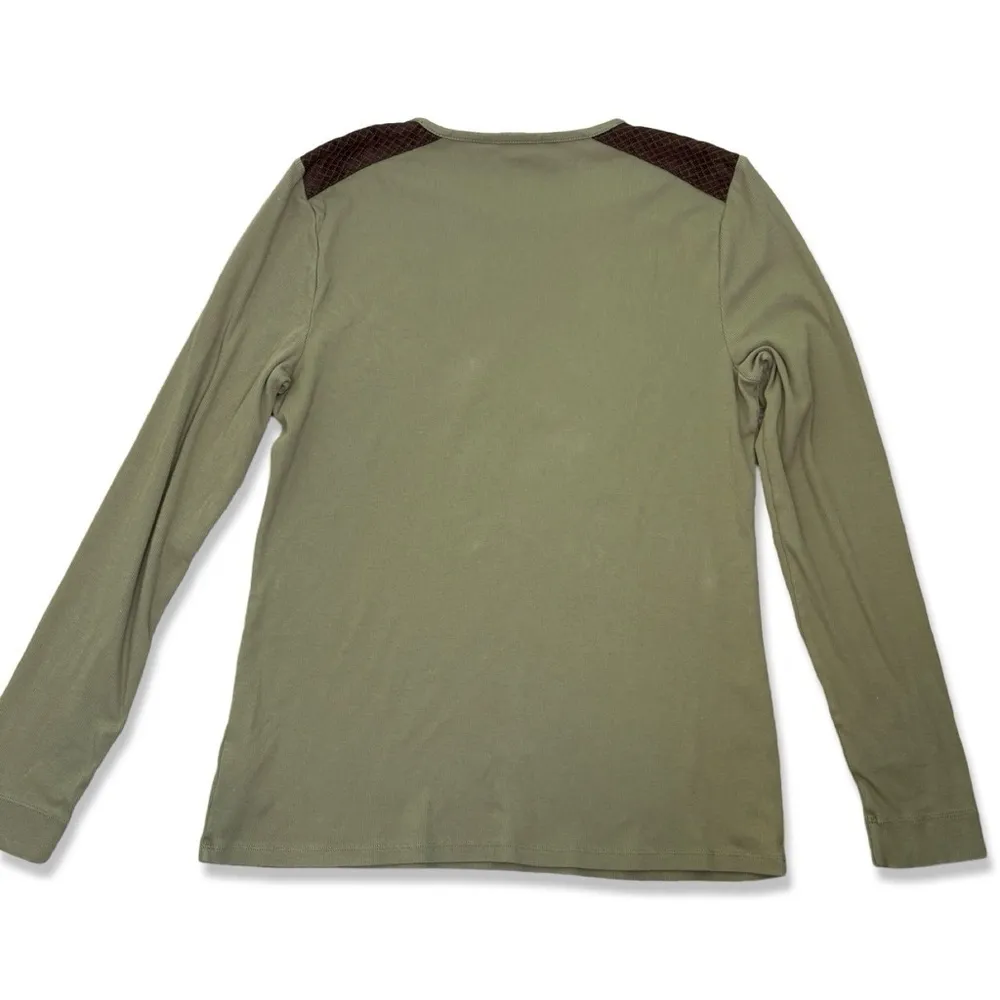 ⭐️LAUREN RALPH LAUREN Knit Shirt Ribbed Brown Faux Suede Zipper Shoulder Patch - Image 2