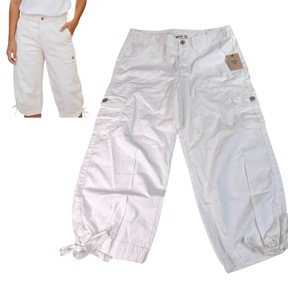 NEW Jeanstar White CAPRI DENIM PANT Women's 12 Cargo Style Jean Pockets Tie Hem - Image 14