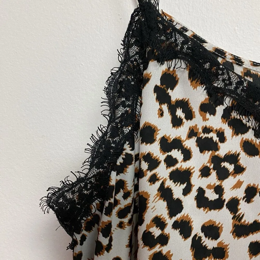 Bar III Slip On Cami Women’s XL Black Ivory Animal Print Eyelash Lace Tank Top - Image 3