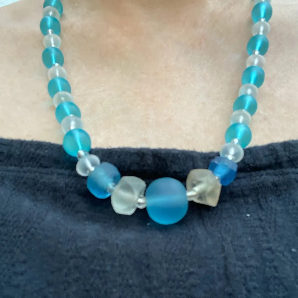 Artisan Hand Crafted Women’s Blue and White Beach Sea Glass Bead Necklace - Image 6