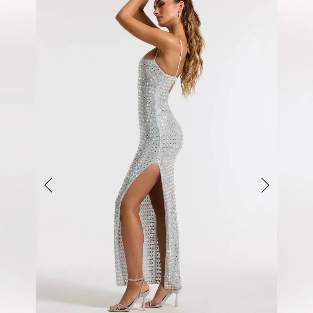 Oh Polly Prisha Silver Embellished Square Neck Evening Dress UK 6 US 2 NYE - Image 4