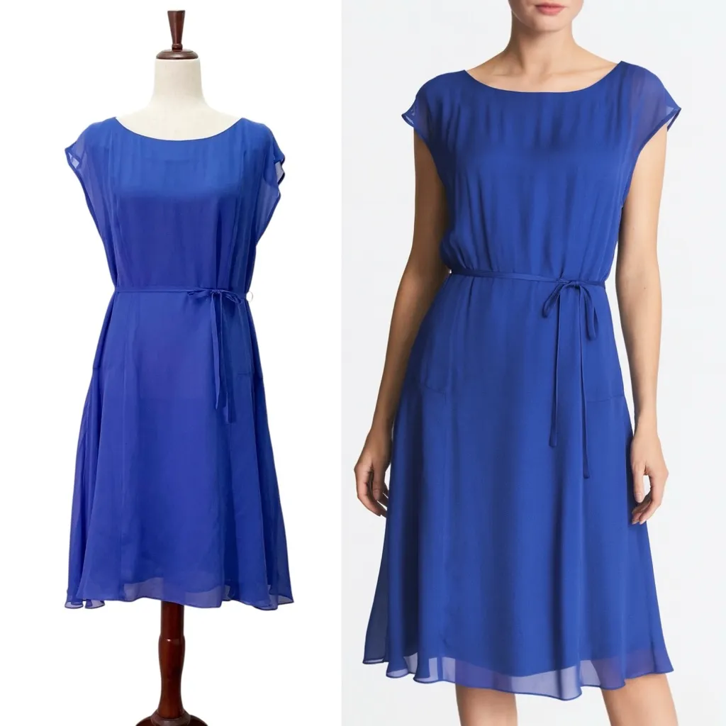 Reiss Thena Royal Blue Silk Midi Dress Size 8 Sheer Belted Overlay Fit & Flare - Image 15